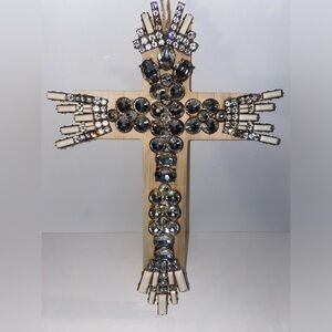 Artisanal Wood Cross w/ Repurposed Jewelry Deco w/ Rhinestones & Ivory Ray color